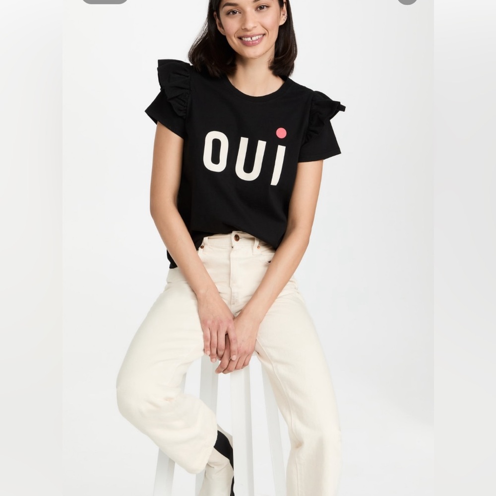 Clare V cotton black iconic OUI top with black ruffle sleeves.